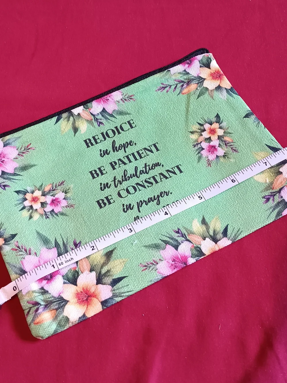 Floral Scripture Cosmetic Pouch - Green with Pink & Yellow Flowers